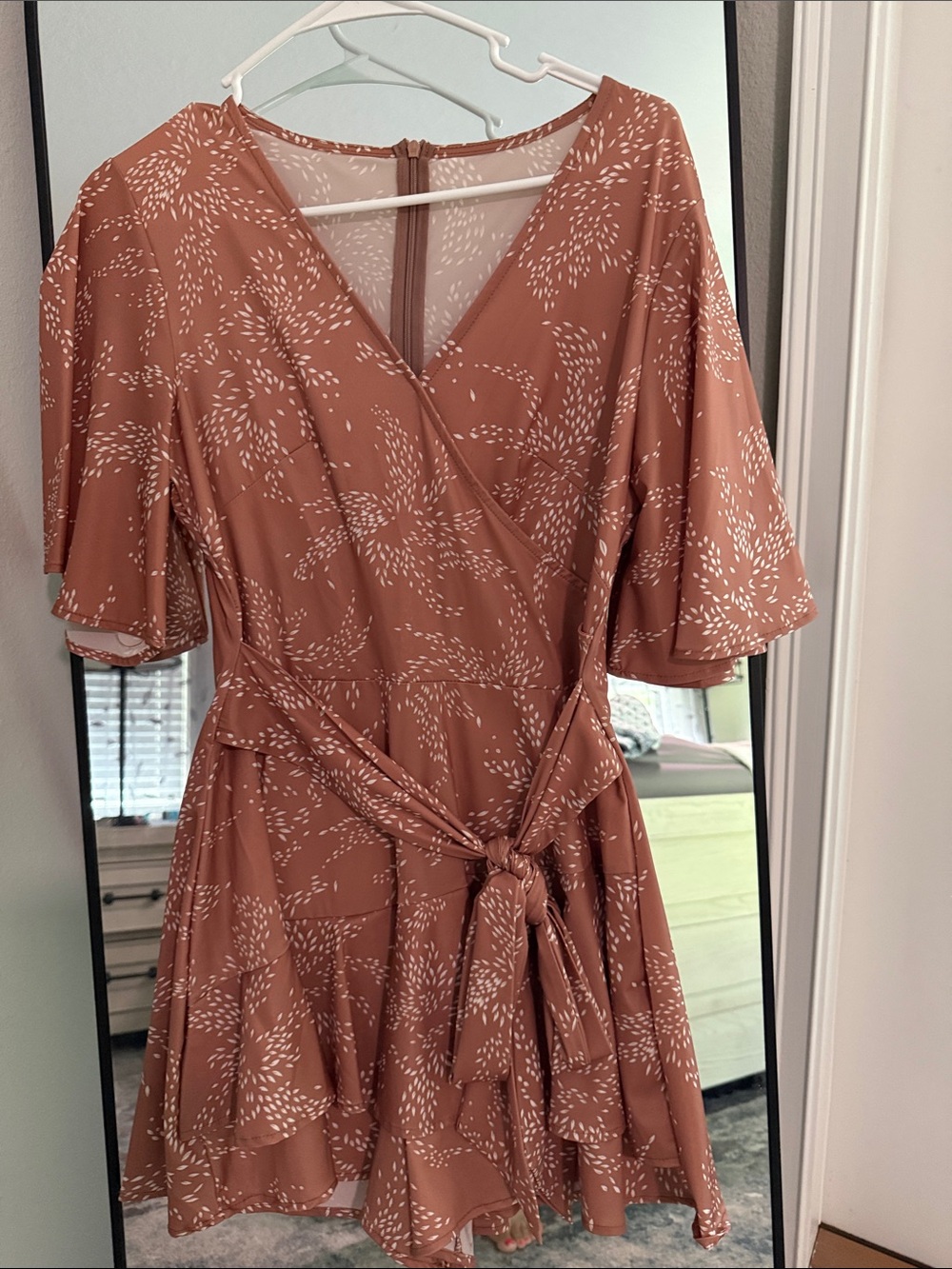 Rust Floral-Print Wrap Mini Dress with Tie Waist